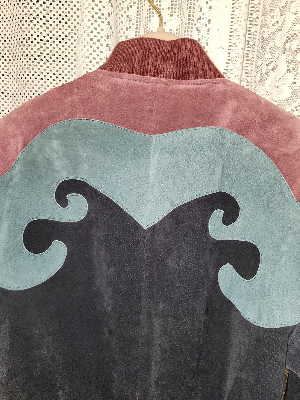 Ssatori Vintage Colorblock Leathet Bomber Jacket in Maroon, Teal & Black MED - Picture 10 of 11